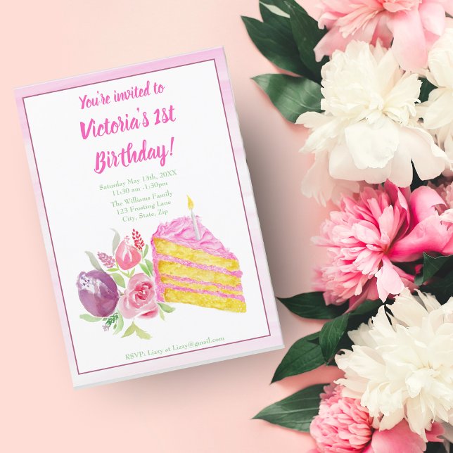 Watercolor 1st Pink Birthday Cake With Flowers Invitation (Creator Uploaded)