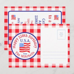 Watercolor 250 Birthday US Flag Red Check Postcard