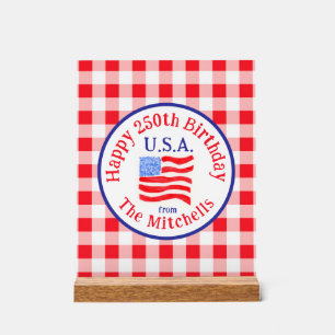 Watercolor 250 Birthday USA Flag Red Check  Acrylic Sign