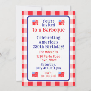 Watercolor 250 Birthday USA Flag Red Check Invitation
