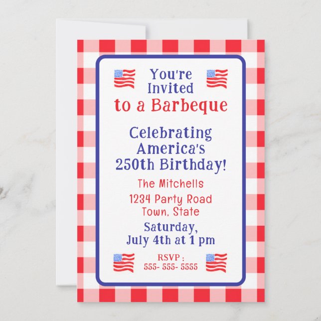 Watercolor 250 Birthday USA Flag Red Check  Invitation (Back)