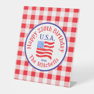 Watercolor 250 Birthday USA Flag Red Check Pedestal Sign