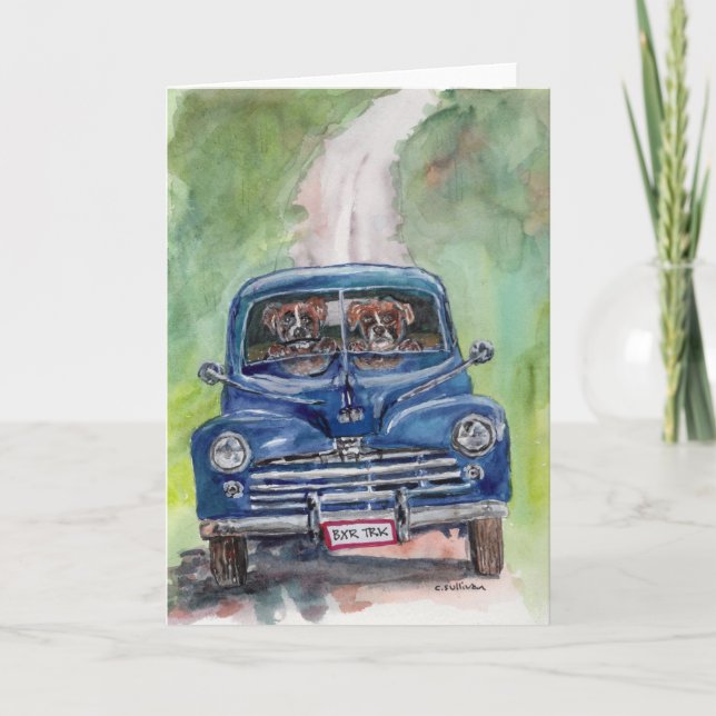 watercolor 2 Boxers driving old truck Card (Front)