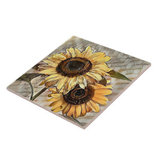 Watercolor 2 Glossy Sunflowers Elegant Collection Tile