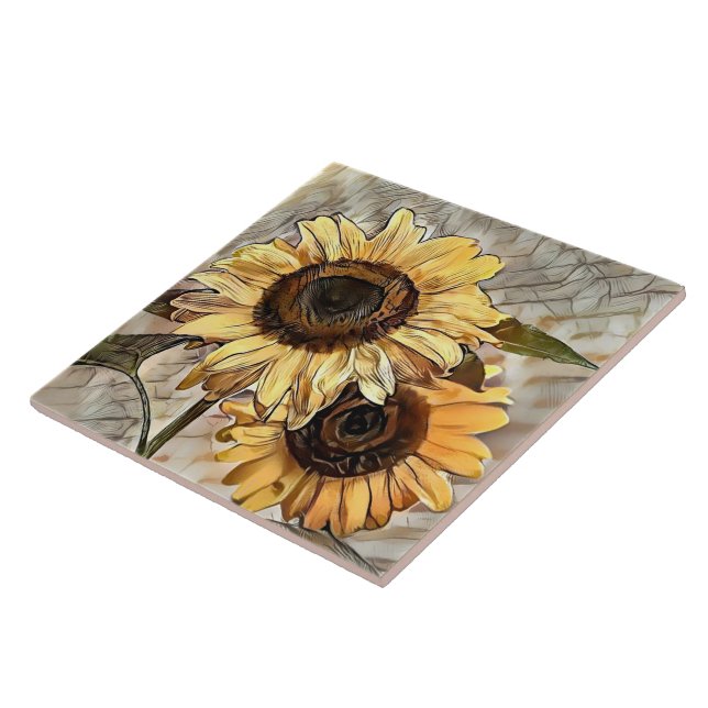 Watercolor 2 Glossy Sunflowers Elegant Collection Tile (Side)