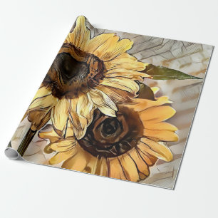 Watercolor 2 Glossy Sunflowers Elegant Collection Wrapping Paper