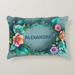 Watercolor 3D Flowers Frame 27 + your text Decorative Cushion