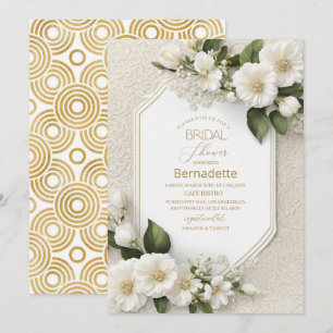  Watercolor 3D white flowers  gold  Bridal Shower Invitation