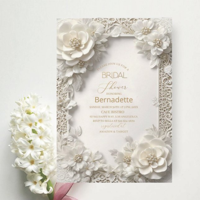  Watercolor 3D white flowers  gold  Bridal Shower Invitation (Creator Uploaded)