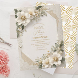 Watercolor 3D white flowers gold Bridal Shower Invitation