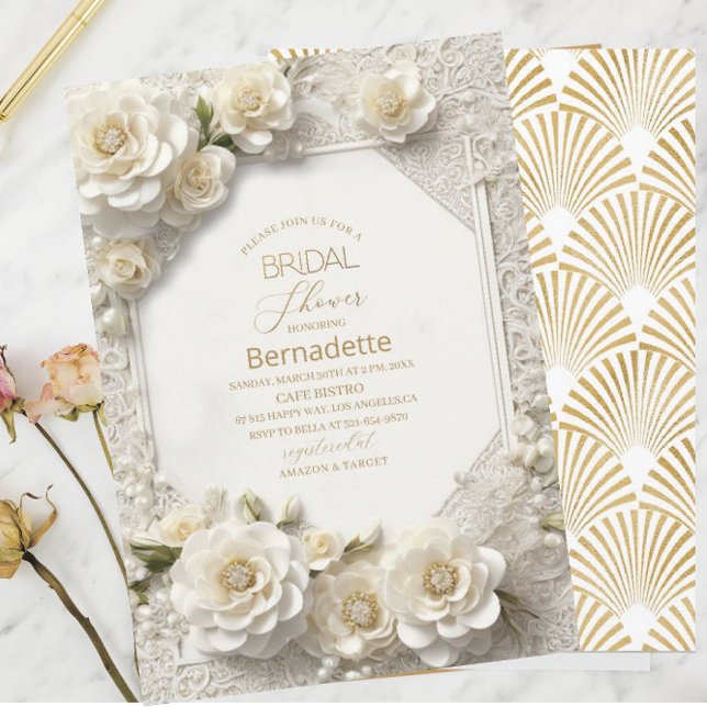  Watercolor 3D white flowers  gold  Bridal Shower Invitation (Creator Uploaded)