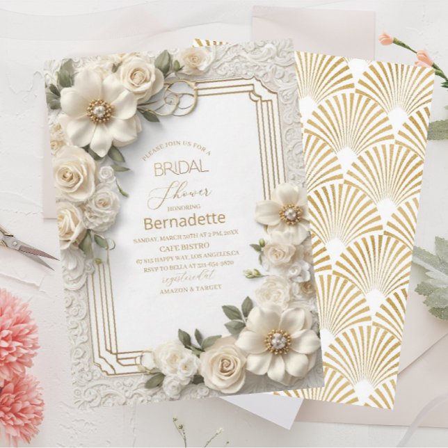  Watercolor 3D white flowers  gold  Bridal Shower Invitation (Creator Uploaded)