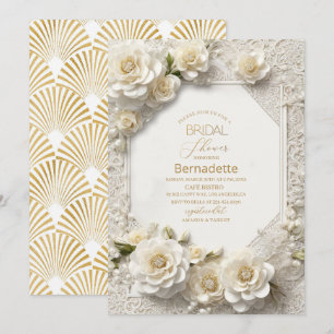  Watercolor 3D white flowers  gold  Bridal Shower Invitation