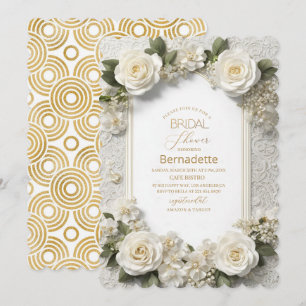 Watercolor 3D white flowers gold Bridal Shower Invitation