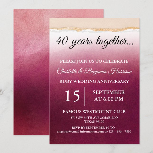 Watercolor 40th Ruby Wedding Anniversary Invitation (Front/Back)