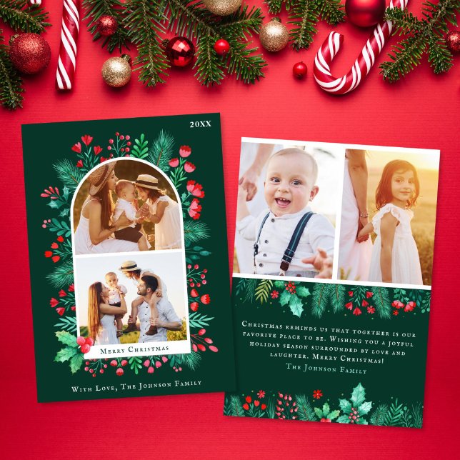 Watercolor 4 Photo Christmas Card Front + Back (Watercolor 4 Photo Christmas Card Front + Back)