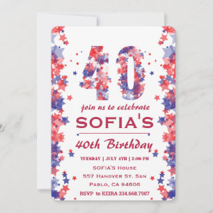 Watercolor 4th July 40th Birthday Party Invitation