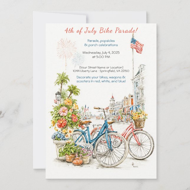 Watercolor 4th of July Bike Parade Invitation  (Front)