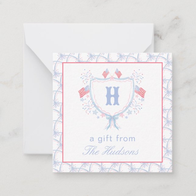 Watercolor 4th of July Fireworks Monogram Crest Card (Front)