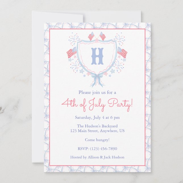 Watercolor 4th of July Fireworks Monogram Crest Invitation (Front)