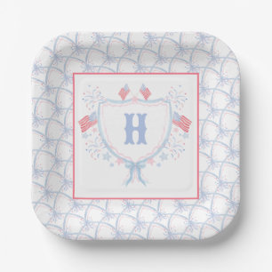 Watercolor 4th of July Fireworks Monogram Crest Paper Plate