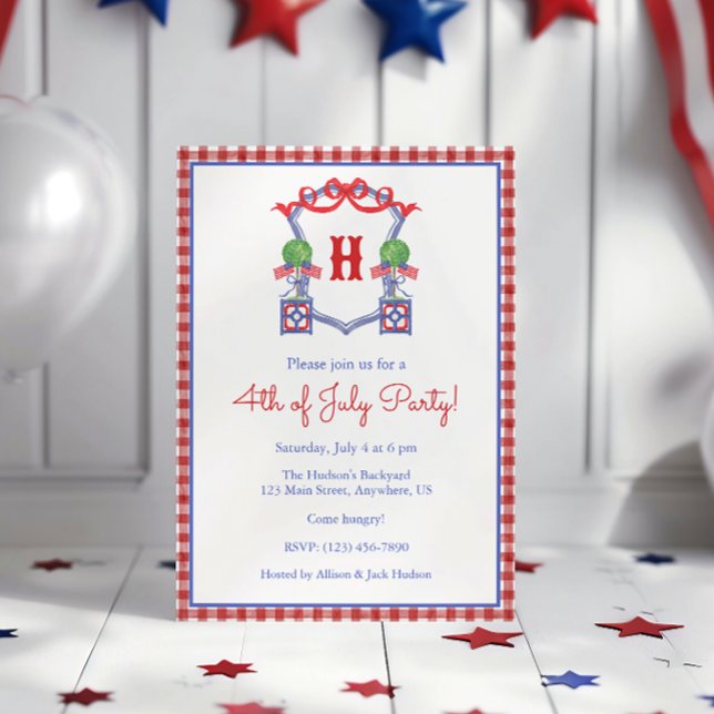 Watercolor 4th of July Flag Monogram Crest Party Invitation (Creator Uploaded)