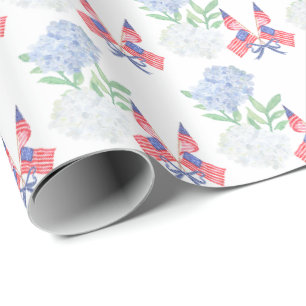 Watercolor 4th of July Hydrangeas & American Flags Wrapping Paper