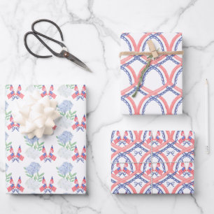 Watercolor 4th of July Hydrangeas & American Flags Wrapping Paper Sheet