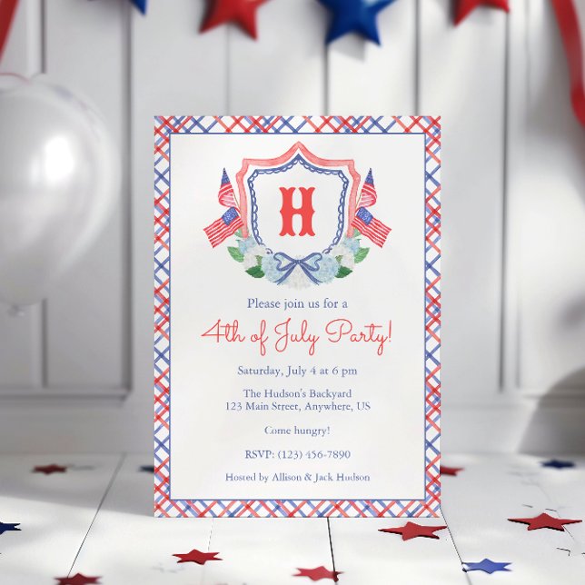 Watercolor 4th of July Hydrangeas Monogram Crest Invitation (Creator Uploaded)