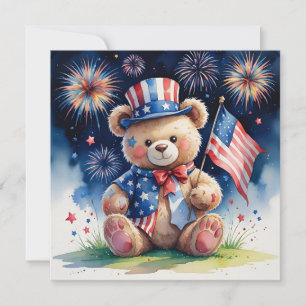 Watercolor 4th of July Patriotic Teddy Bear Holiday Card