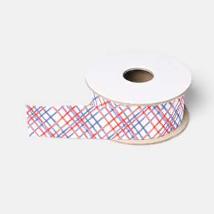 Watercolor 4th of July Red White & Blue Plaid Grosgrain Ribbon