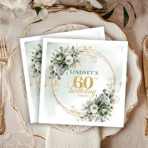 Watercolor 60th Birthday Botanical Green Custom Na Napkin