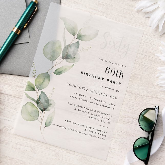 Watercolor 60th Birthday Party Eucalyptus Vellum Invitations (60th Birthday Party Eucalyptus Vellum Invitation)