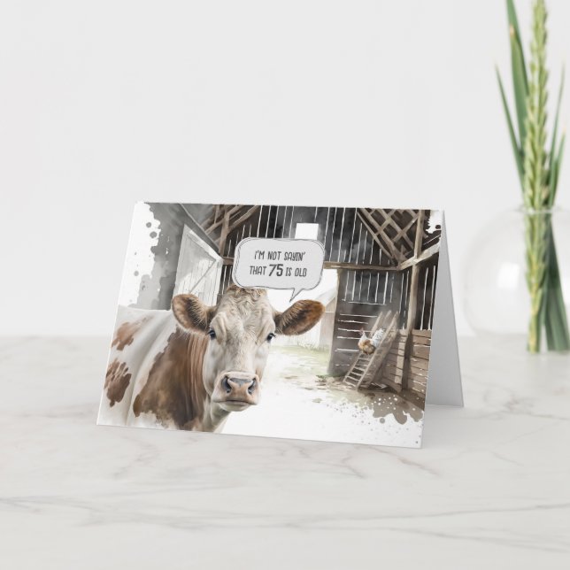 Watercolor 75th Birthday Cow In Barn Card (Front)