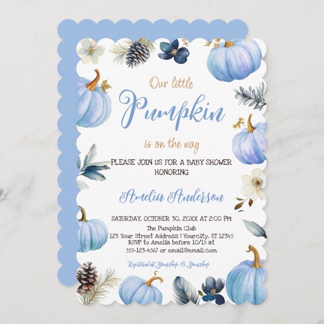 Watercolor A Little Pumpkin Fall Boy Baby Shower Invitation (Front/Back)