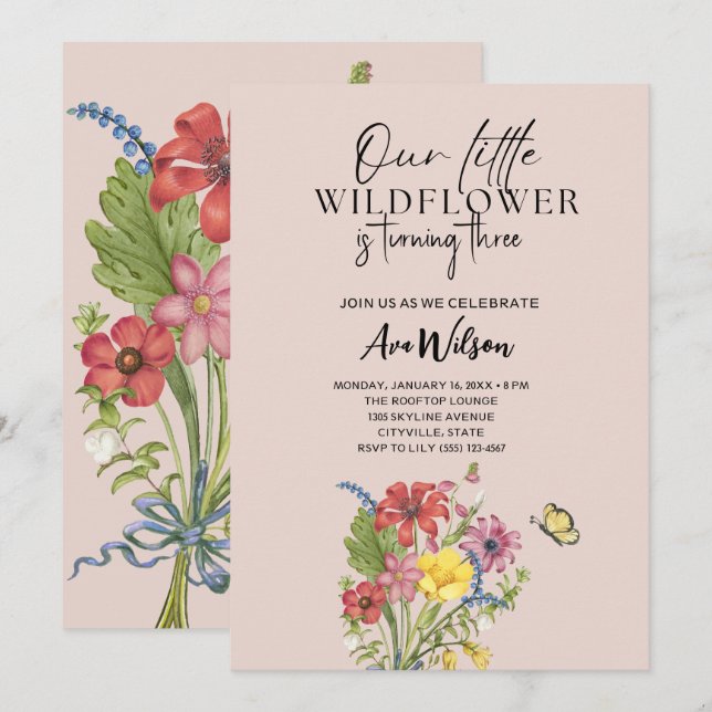 watercolor a little wildflower birthday invitation (Front/Back)