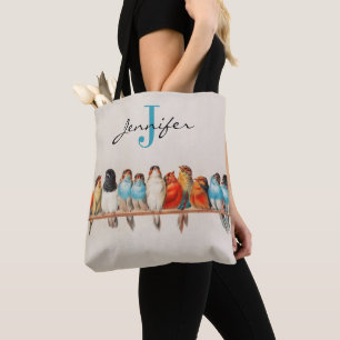 Watercolor A Perch of Birds Vintage Monogram Name Tote Bag