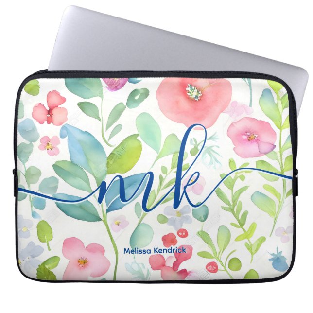 Watercolor Abstract Berries Ferns Flowers Monogram Laptop Sleeve (Front)