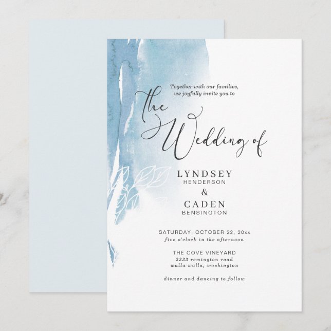 Watercolor Abstract Blue White Floral Wedding Invi Invitation (Front/Back)
