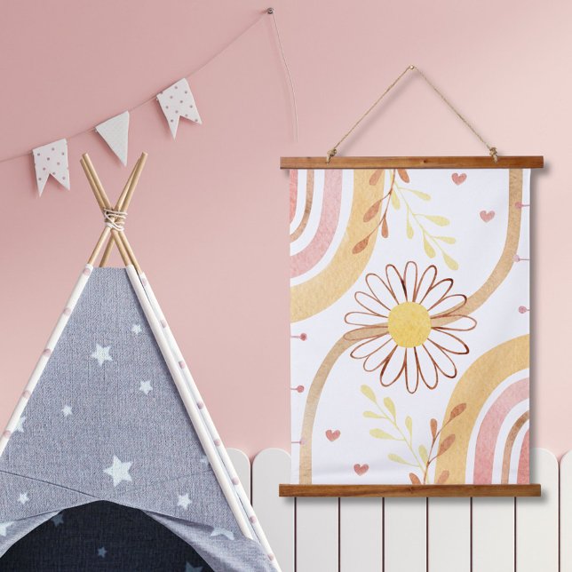 Watercolor Abstract Botanical Flower and Rainbow  Hanging Tapestry (In situ)