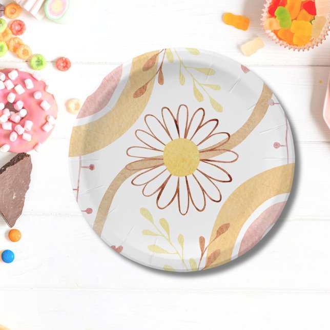Watercolor Abstract Botanical Flower and Rainbow Paper Plate (In situ)