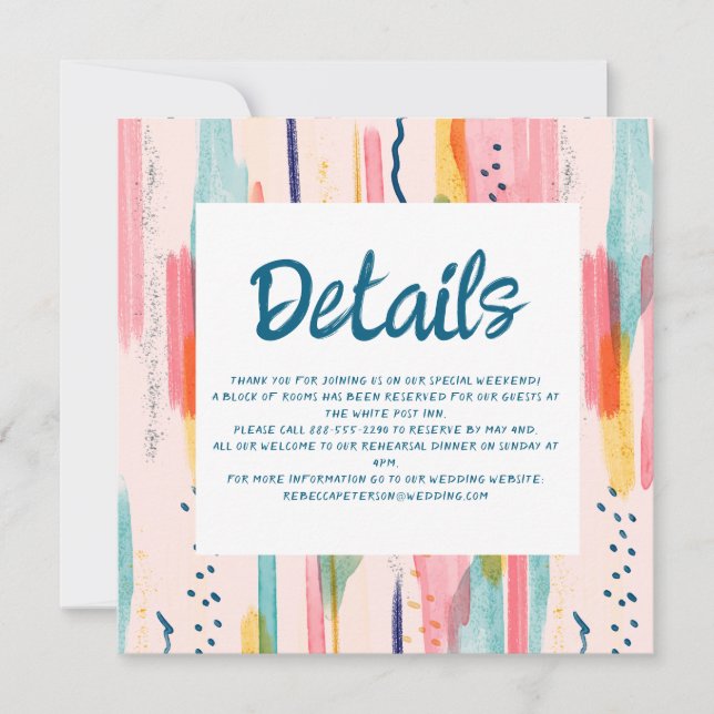Watercolor Abstract Colourful Brush Wedding Detail Invitation (Front)