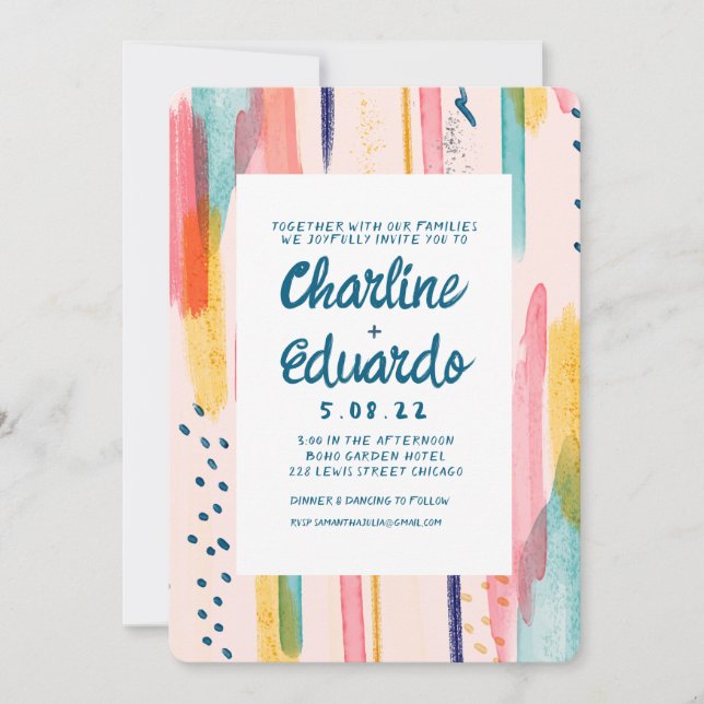 Watercolor Abstract Colourful Brush Wedding Invitation (Front)