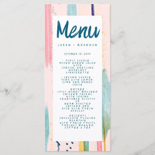 Watercolor Abstract Colourful Brush Wedding  Menu (Front)