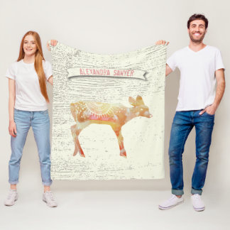 Watercolor Abstract Deer Rustic Wood Pattern Fleece Blanket