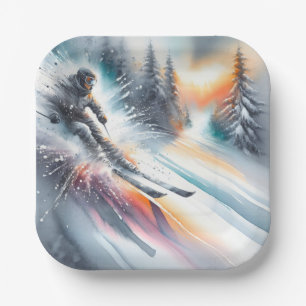 Watercolor Abstract Downhill Skier Paper Plate