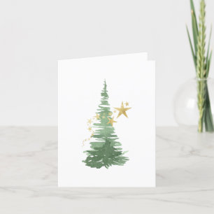 Watercolor Abstract Evergreen Tree with Stars Holiday Card
