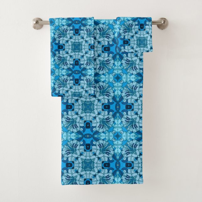 Watercolor Abstract Floral Denim Blue   Bath Towel Set (Insitu)