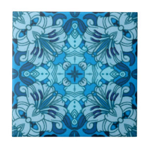 Watercolor Abstract Floral Denim Blue   Tile