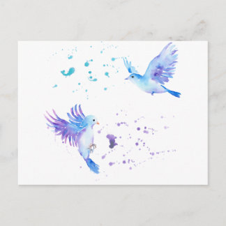 Watercolor Abstract Flying Blue Birds Postcard